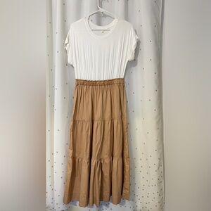 Blu Pepper -White & Tan Color Block Tiered Midi Dress | Elastic Waist